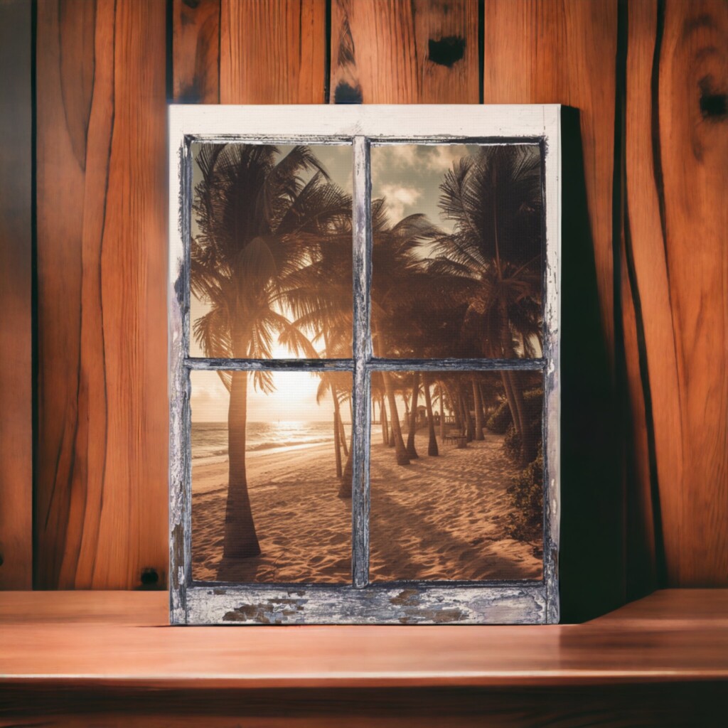 Bringing Paradise Home: Realistic Beach and Palm Tree Window Canvas Wall Art